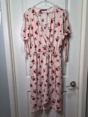 one clothing Pink Floral Midi Dress with Red Flower Print